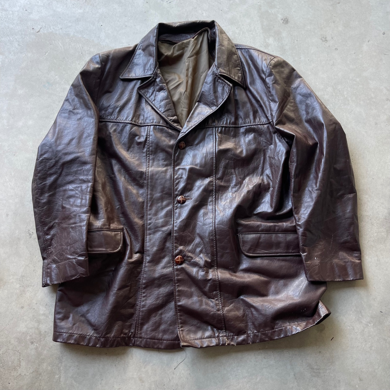 Vintage Dark Brown Leather Car Coat Mens Mid Length Button Front Jacket 25x31